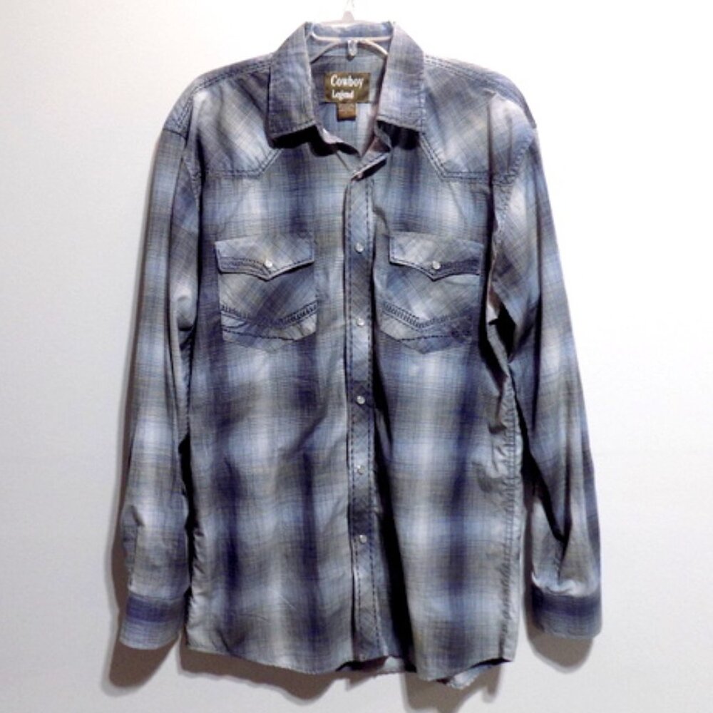 Cowboy Legend Men’s Western Gray Plaid Long Sleeve Pearl Snap Shirt – Size: L